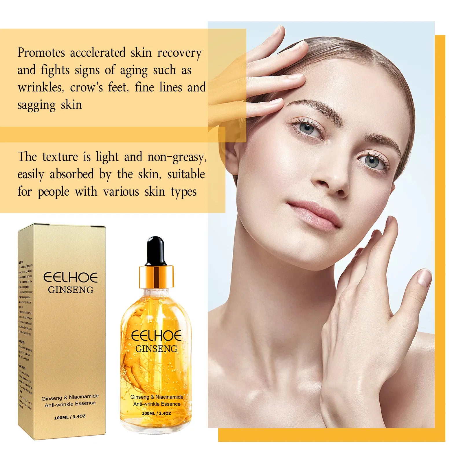 24K Gold Ginseng Serum anti Wrinkle Lifting Firming Fade Fine Lines Lightening Spot Hyaluronic Acid Nicotinamide Facial Essence