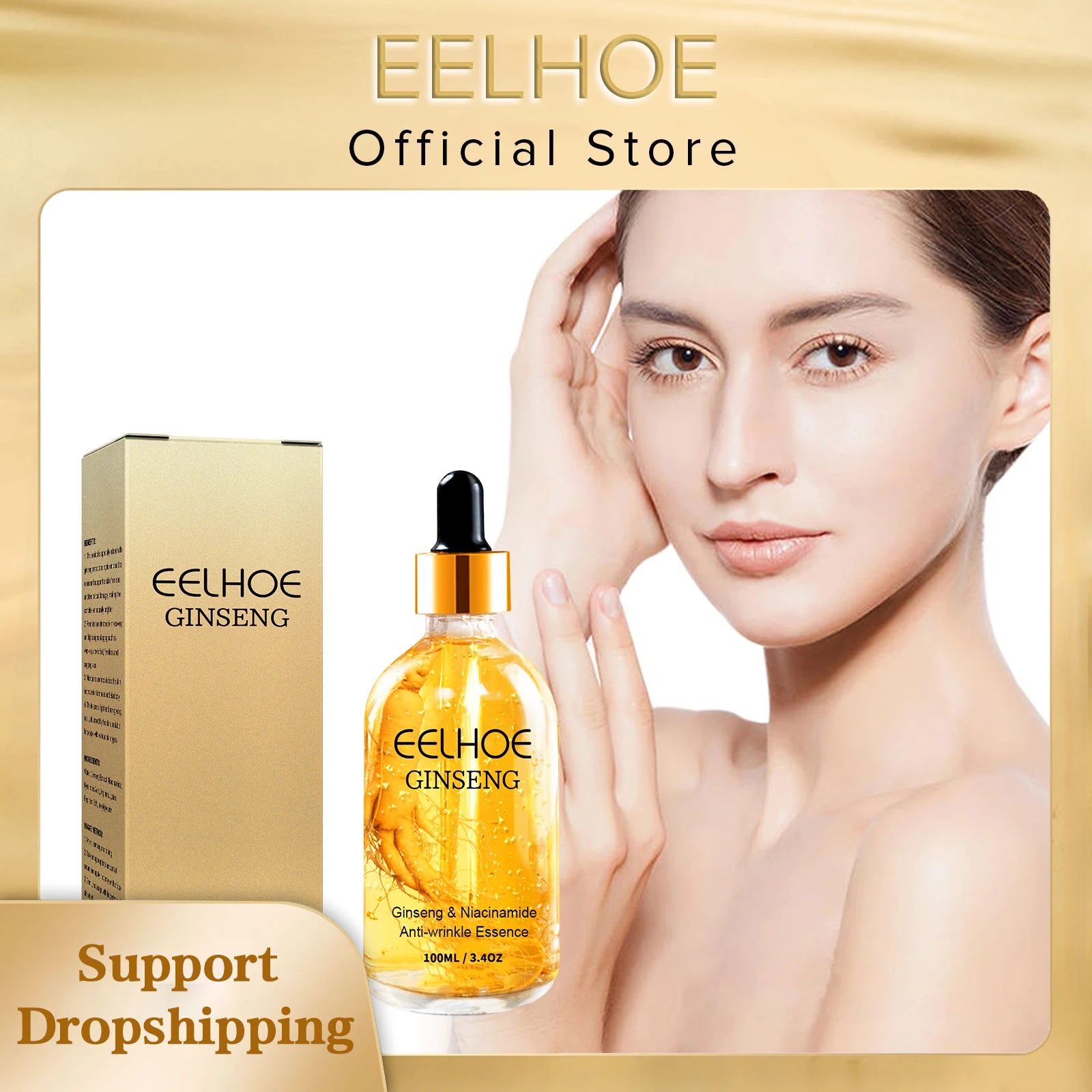 24K Gold Ginseng Serum anti Wrinkle Lifting Firming Fade Fine Lines Lightening Spot Hyaluronic Acid Nicotinamide Facial Essence