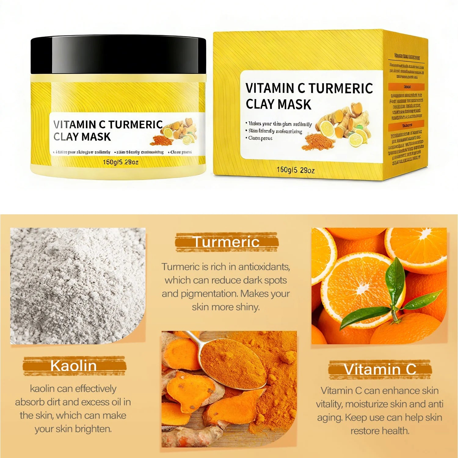 Turmeric Vitamin C Clay Mask with Kaolin Clay for Dull & Blemish-Prone Skin, Deep Cleansing Facial Mask for Controlling Oil and Refining Pores