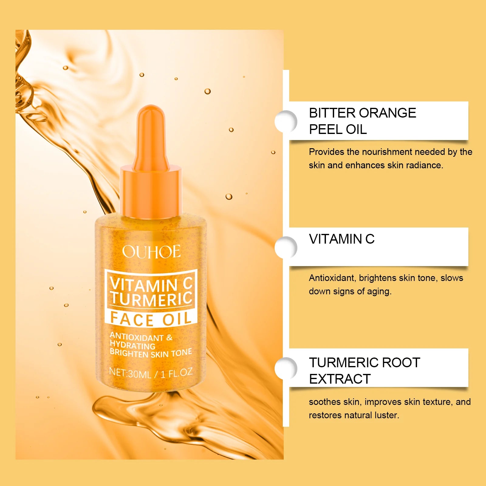 Vitamin C Turmeric Face Oil with Niacinamide & Rosemary Leaf Oil, Hydrating Brightening Facial Oil for Soothing Irritated Skin, Improve Skin Texture, 30Ml